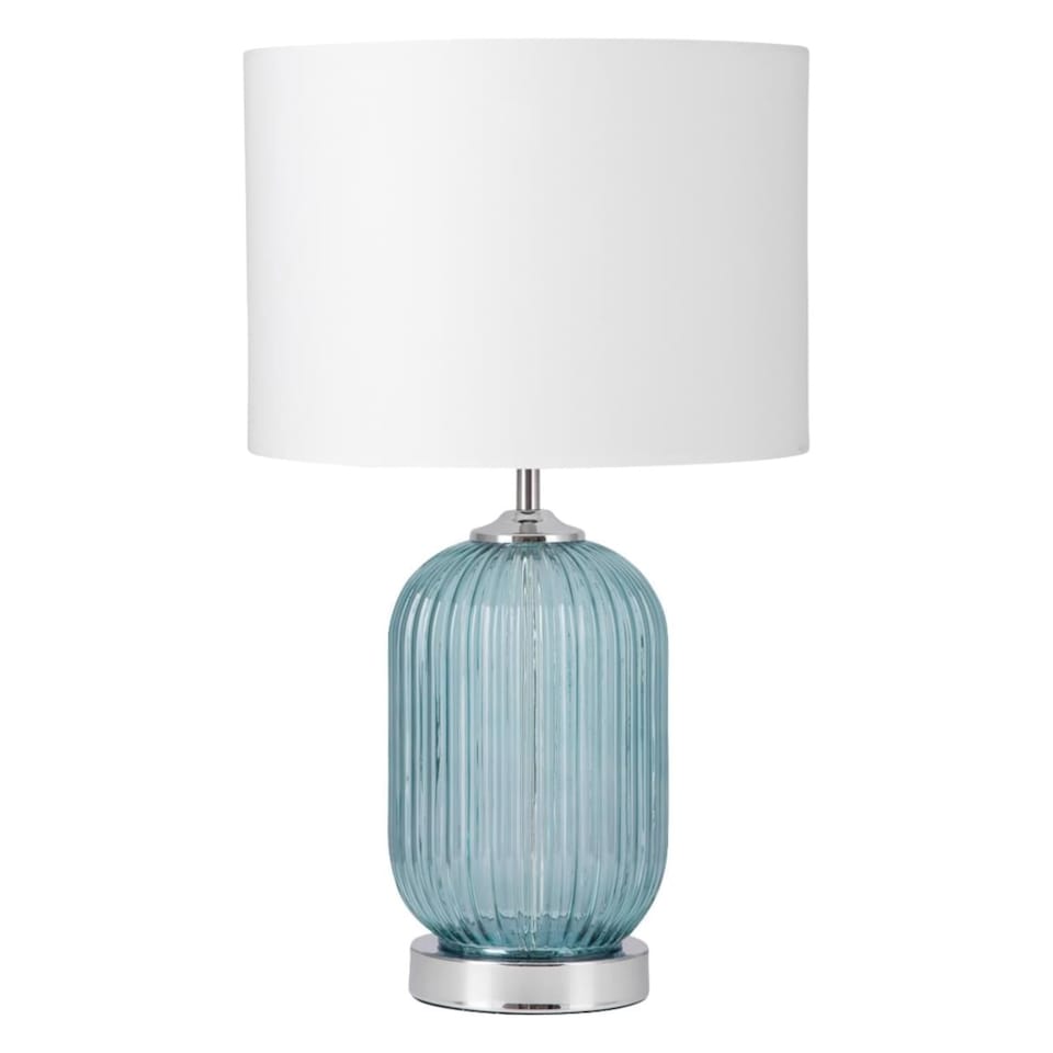 image 1 of Set of 2 Turquoise Ribbed Glass Lamps with White Shades | Chrome | White | Large | 2