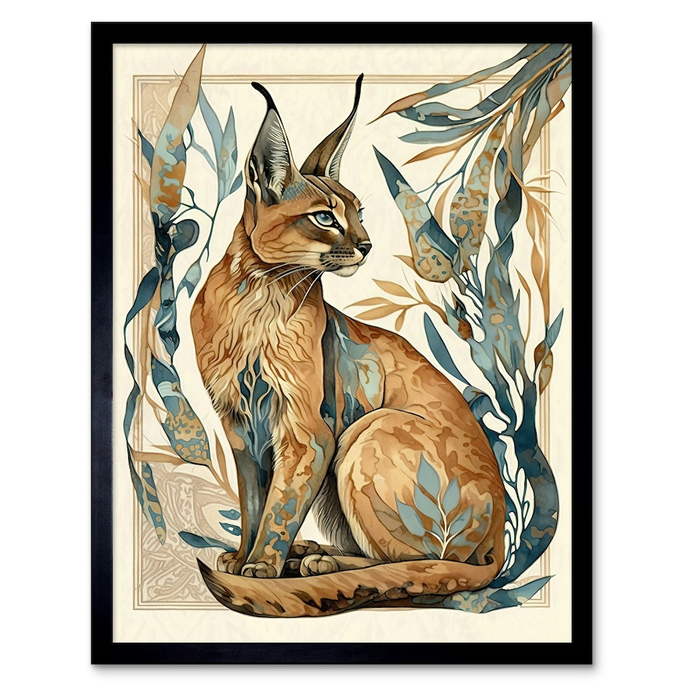 image 1 of Caracal Cat Teal Plants Modern Nouveau Watercolour Framed Wall Art Print