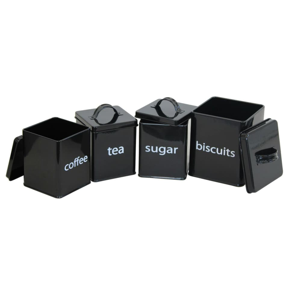 image 1 of Oypla 5 Piece Black Kitchen Canister Storage Tin Set Bread Biscuits Tea Sugar Coffee Black