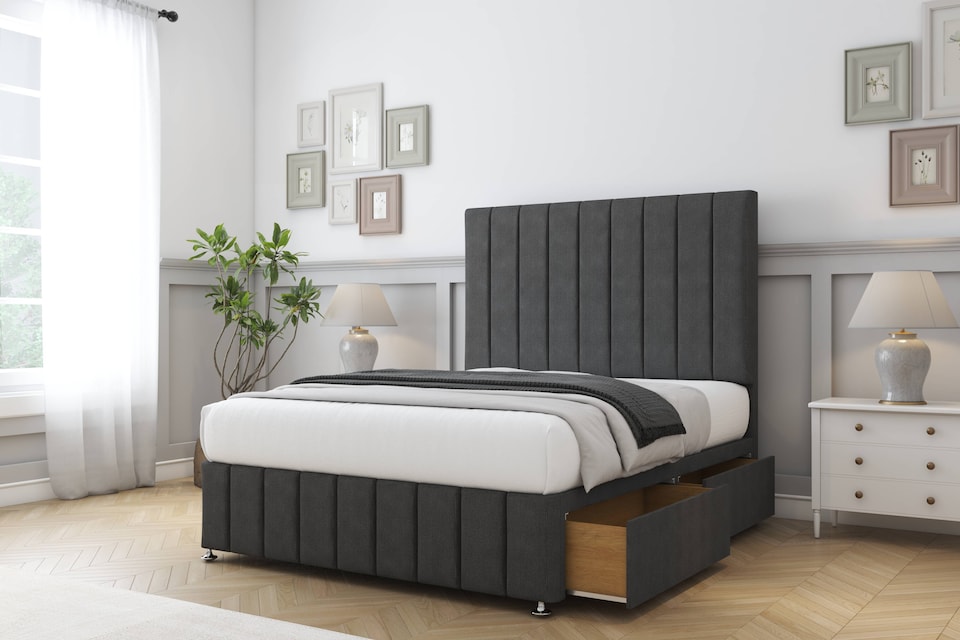 image 1 of Sloomy California Graphite Dumfries Divan Bed With Mattress 2 Drawers Left Side With 54" Floor Standing Headboard & 12" Matching Footboard 3' Single | Grey | Graphite | Single | 1
