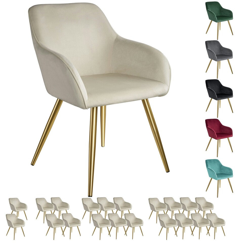 image 1 of Chair Marilyn - with armrests, padded, velvet look, golden steel legs - per piece Green | Dark Green/Gold