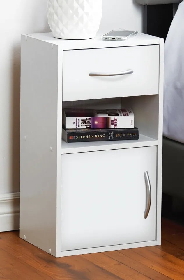 image 1 of 2-Pcs Wooden Bedside Cabinets with 1 Door & 1 Drawer | White | 1