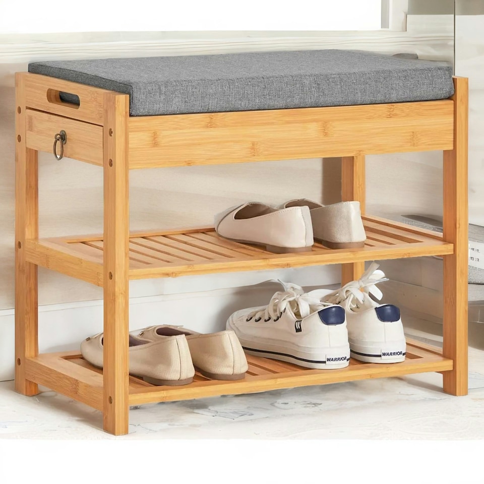 image 1 of Wooden Shoe Storage Bench With Hidden Drawer & Cushioned Seat Brown