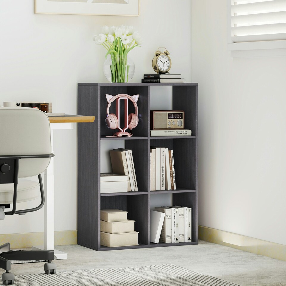 image 1 of HOMCOM 6-Cube Bookshelf, Display Shelving Unit for Home Office, Grey