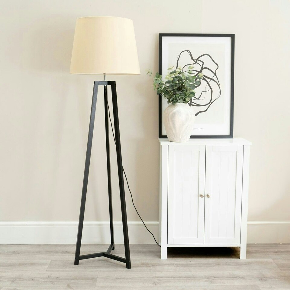 image 1 of ValueLights Lottie Black Wood Tripod Floor Lamp with Beige Fabric Tapered Shade