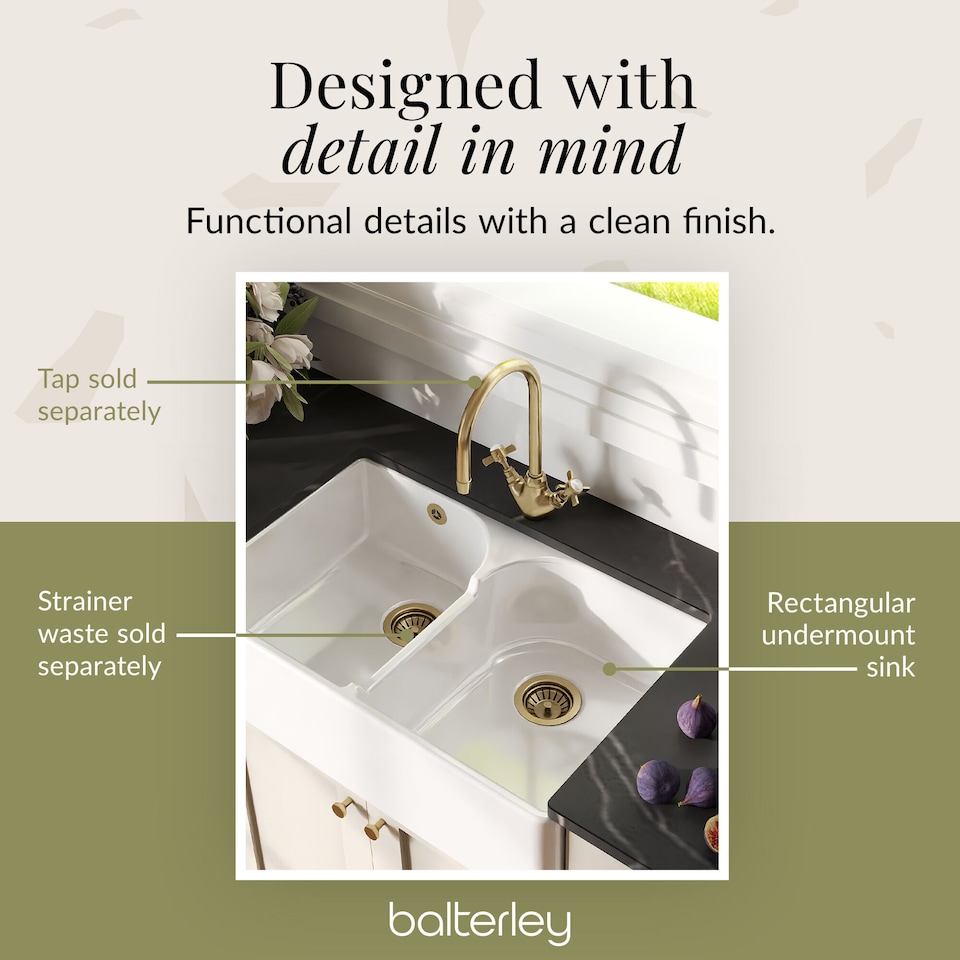image 1 of Balterley Fireclay Double Bowl Stepped Weir Butler Kitchen Sink - with Overflow | White | White | 1