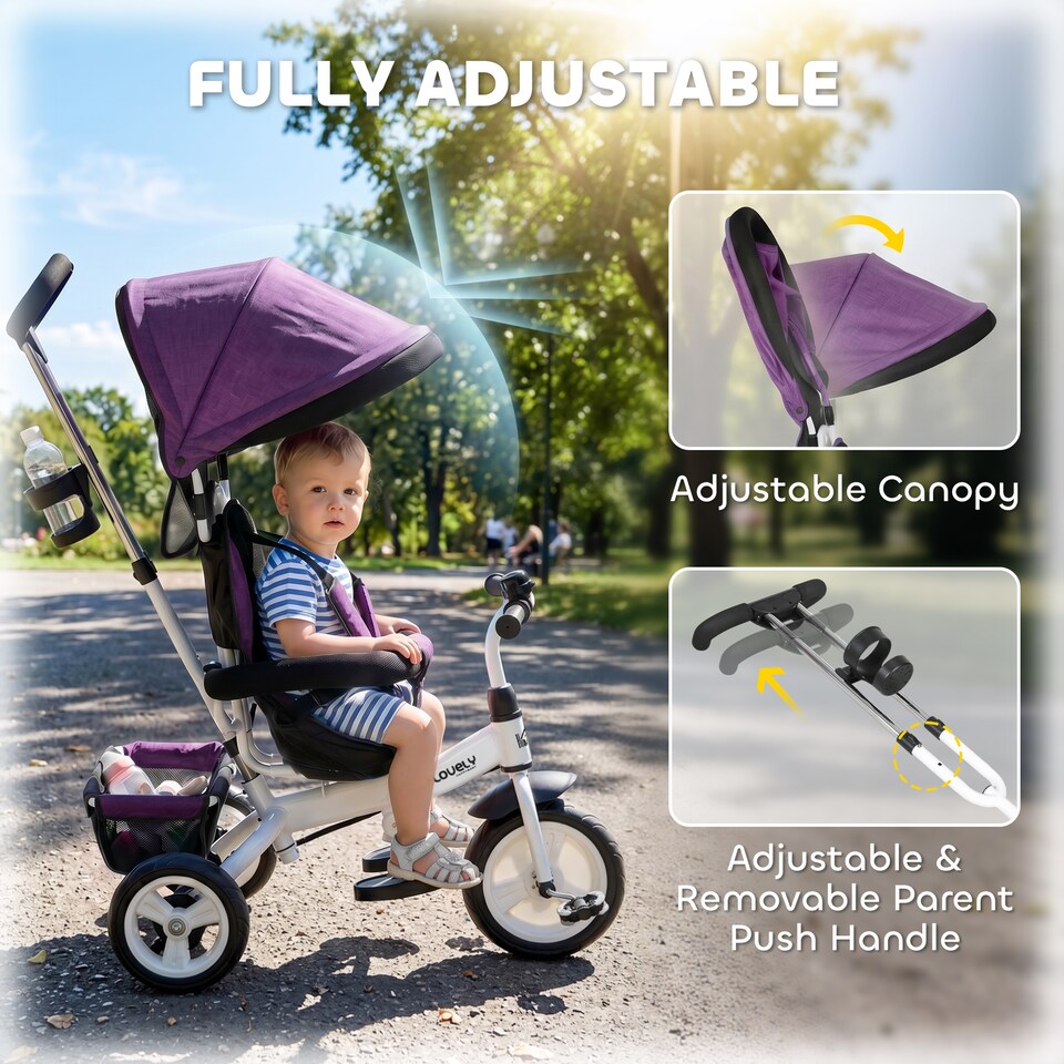 image 1 of HOMCOM 6 in 1 Kids Trike, Stroller with Parent Handle, Storage Brake, Purple