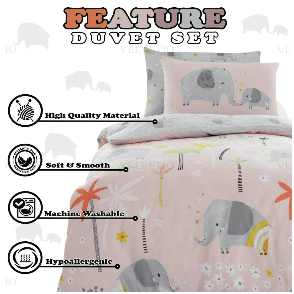 image 1 of VELVETIO Elephant Friends Duvet Cover Set Luxury Kids Reversible Beddings Pink | Double
