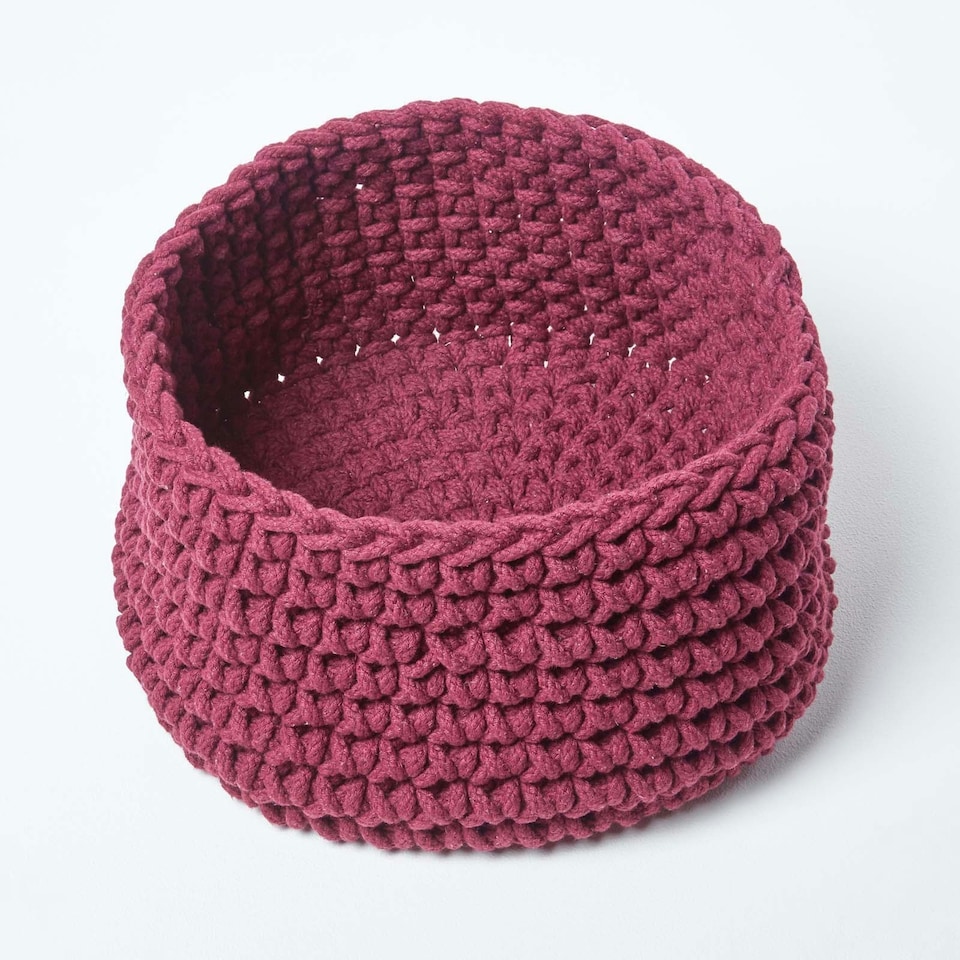 image 1 of Homescapes Plum Cotton Knitted Round Storage Basket - 37 x 21cm Purple | M