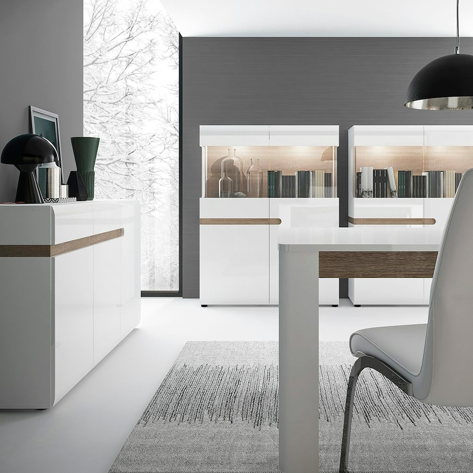 image 1 of Chelsea Living Low Display Cabinet 109cm Wide in White with a Truffle Oak Trim