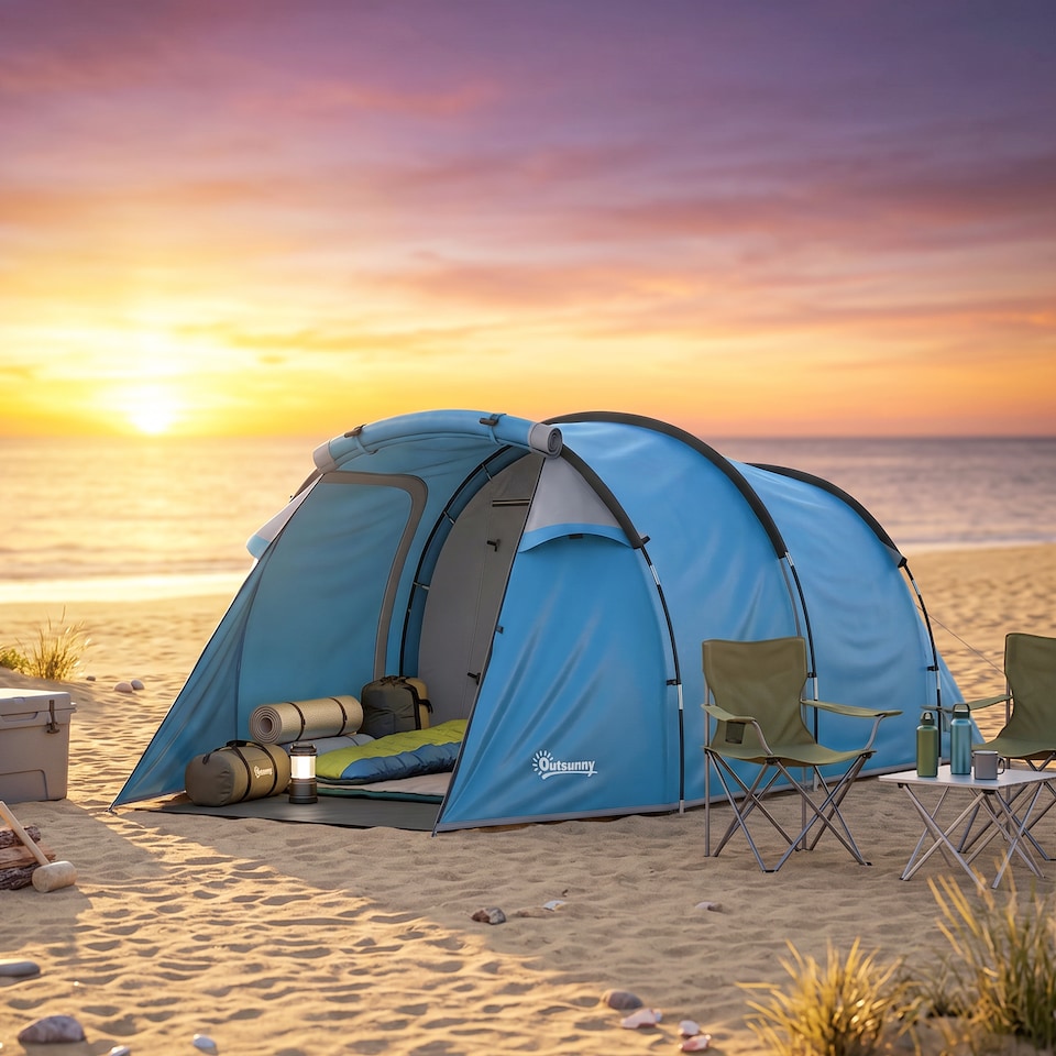 image 1 of Outsunny 2 Man Camping Tent with 2 Rooms Porch Vents Rainfly, Sky Blue