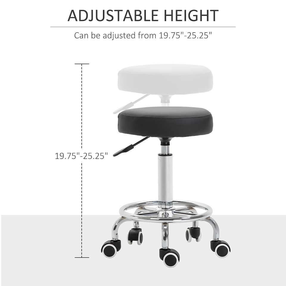image 1 of Vinsetto Round Rolling Stool, PU Leather Height Adjustable Stool Chair with Wheels and Swivel Seat for Salon, Massage, Spa, Home Kitchen, Black