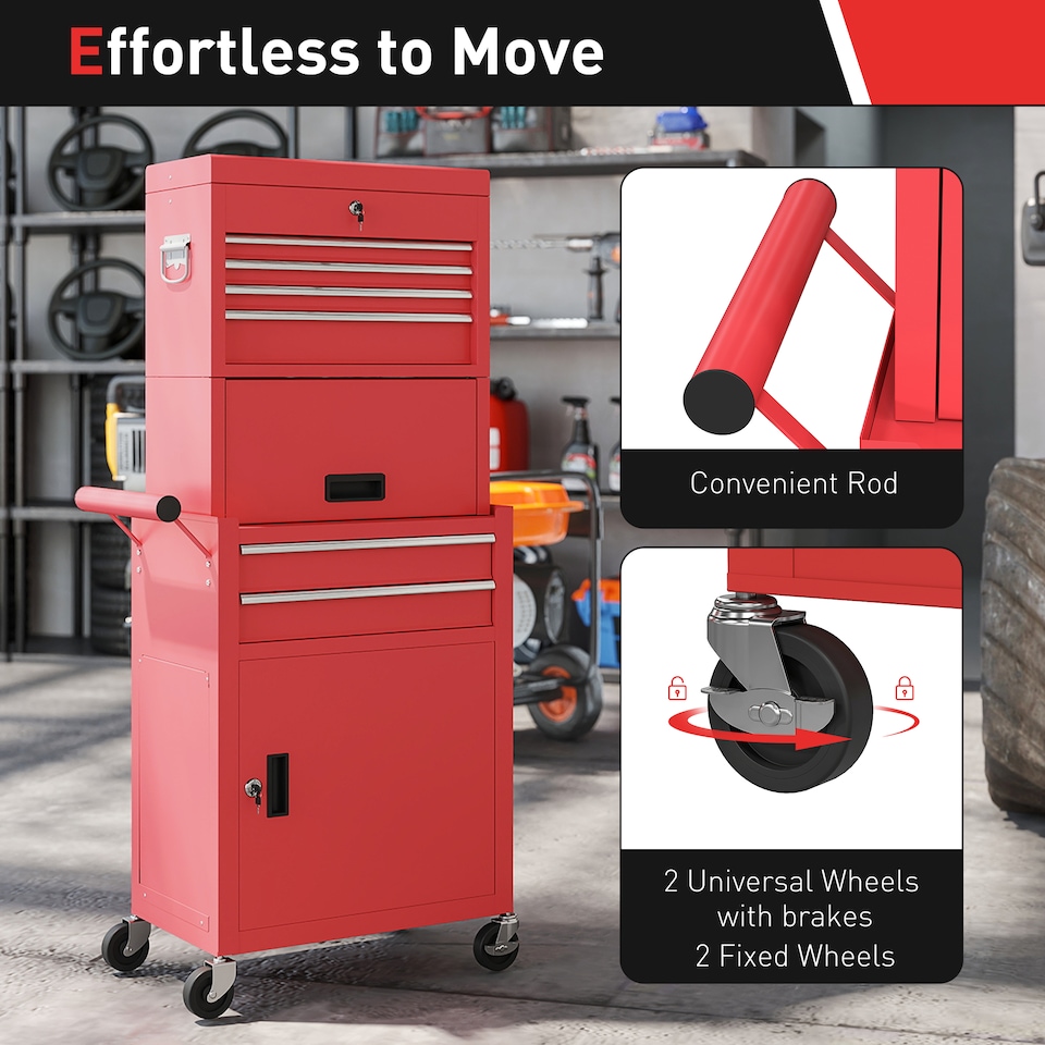 image 1 of HOMCOM 3-in-1 Tool Cabinet with Wheels, Rolling Tool Chest with 6 Drawers | Red