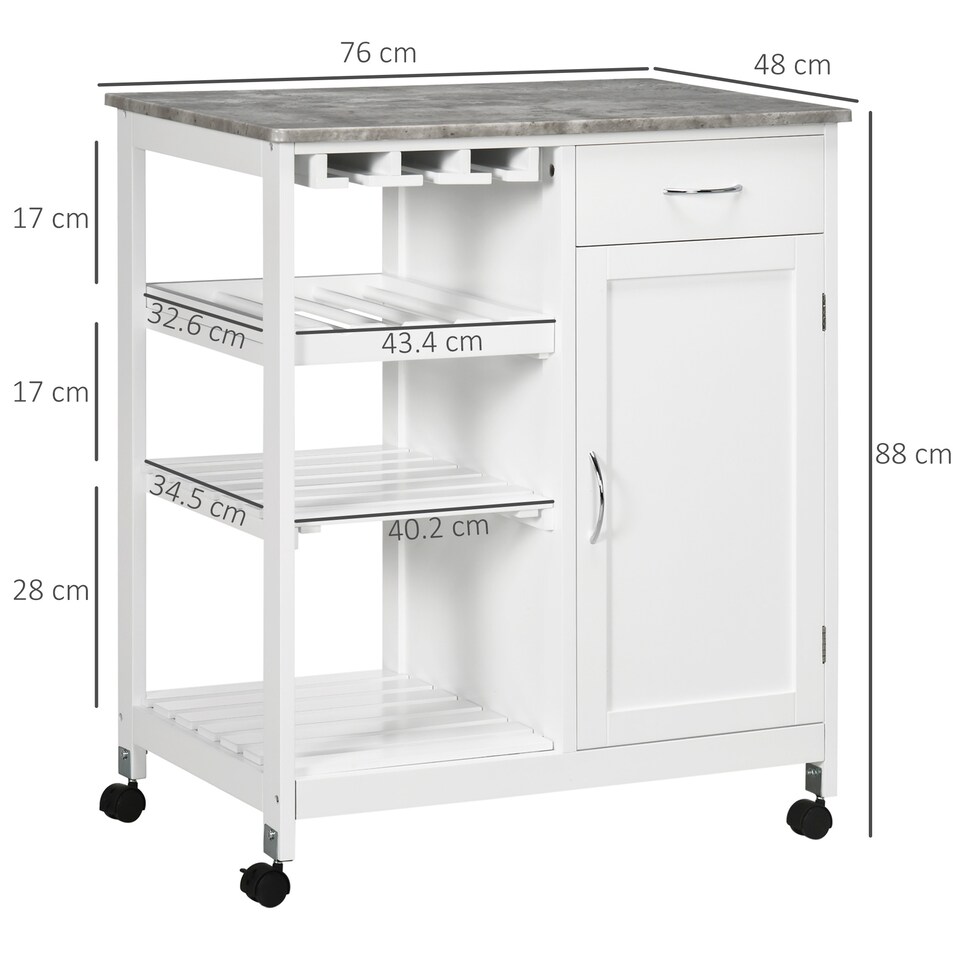 image 1 of HOMCOM Compact Kitchen Trolley Utility Cart on Wheels with Wine Rack, Drawer, Open Shelf and Storage Cabinet for Dining Room, White