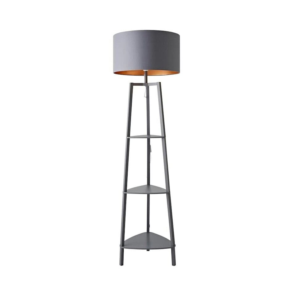 image 1 of ValueLights Grey Wooden 3 Tier Floor Standard Lamp with Storage Shelves- Grey/Copper Shade + LED Bulb | Grey