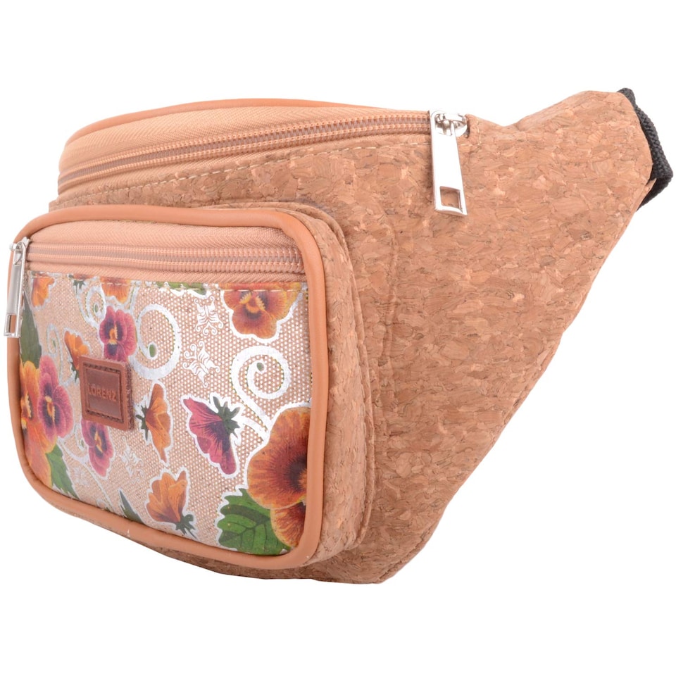 image 1 of Lorenz Womens Travel / Holiday Cork Waist Bag / Bumbag with Floral Design | Brown | Metallic Flowers
