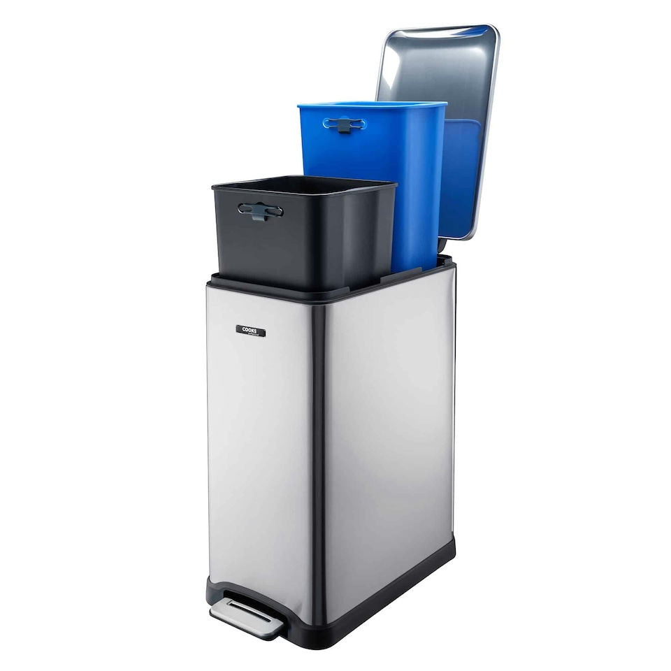 image 1 of Cooks Professional Dual Recycle Slimline Pedal Bin 50L | 20L & 30L Removable Compartments | Silver