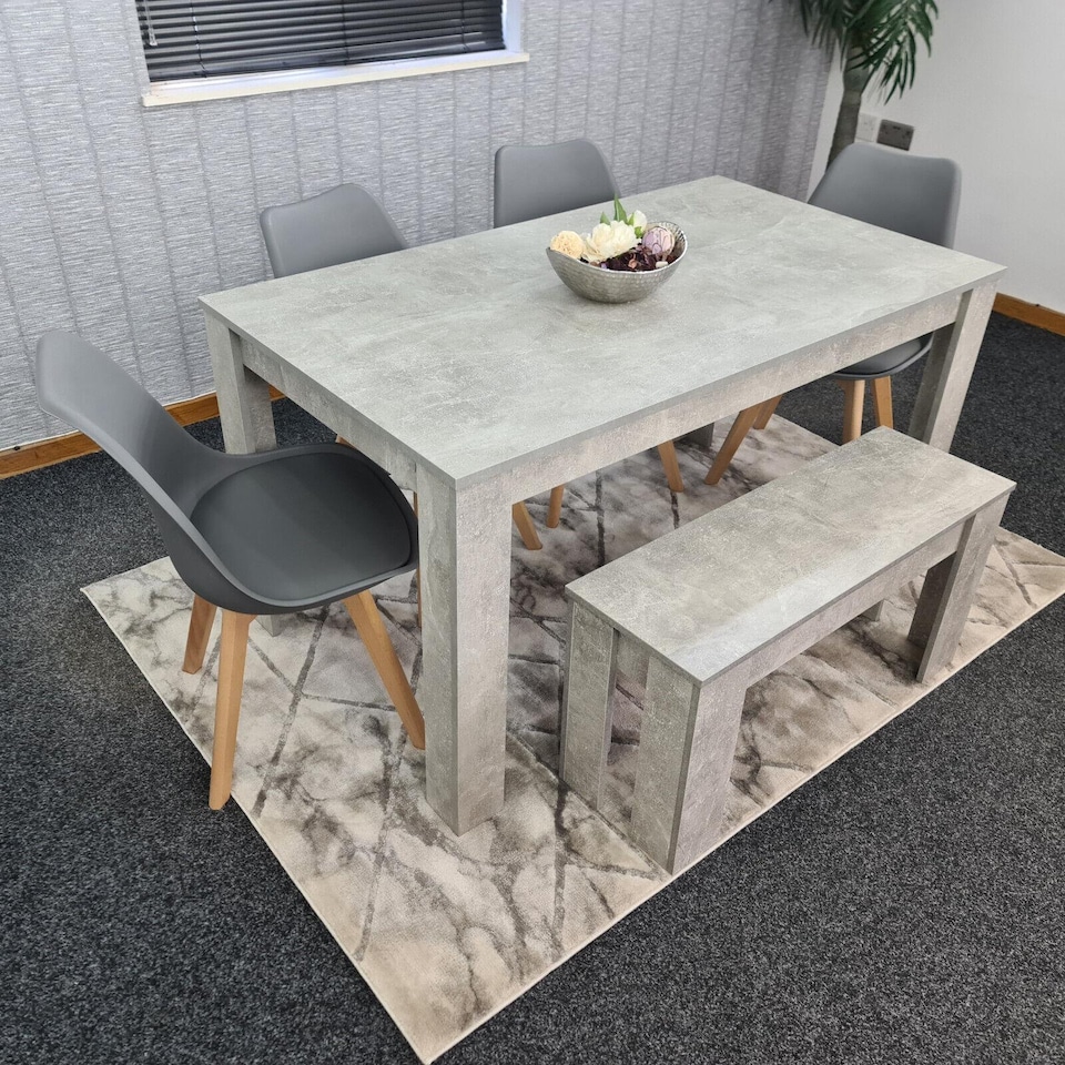 image 1 of Stone Grey Effect Dining Table with Bench and 4 Grey Plastic Chairs Dining Room Furniture Set | Grey | One Size | 6