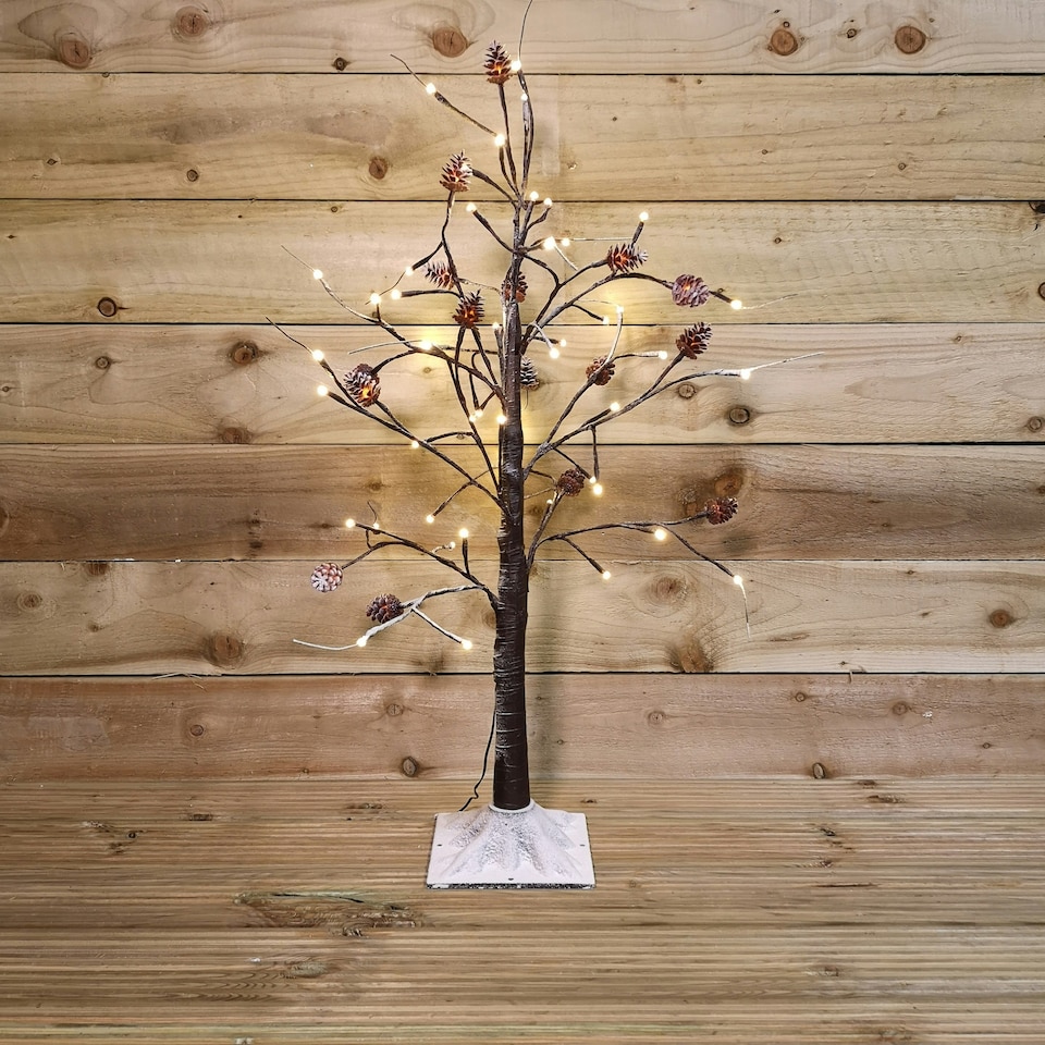 image 1 of 3ft Snowy Brown Twig Outdoor Christmas Tree with Pine Cones & 64 Warm White LEDs