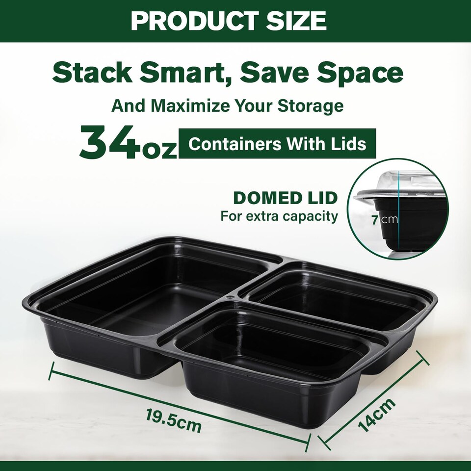 image 1 of 34oz Black 3 Compartment Meal Prep Containers With Lid Plastic Microwave Safe Food Storage Box 50pc