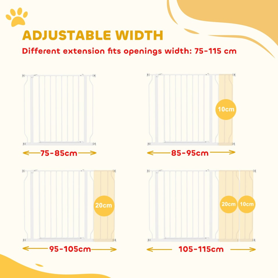 image 1 of PawHut Dog Gate Wide Stair Gate w/ Door Pressure Fit, 75-115W cm, White
