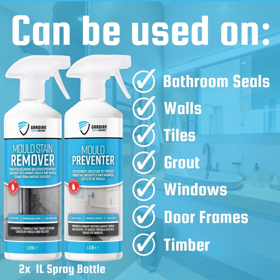 image 1 of Gardian Mould Remover and Preventer Kit - Professional Anti Mould Spray Kit Includes: 1L Moulds and Mildew Remover Spray, 1L Moulds Preventer Sprays, Mould Cleaner Micro Fibre Cloth and Rubber Gloves