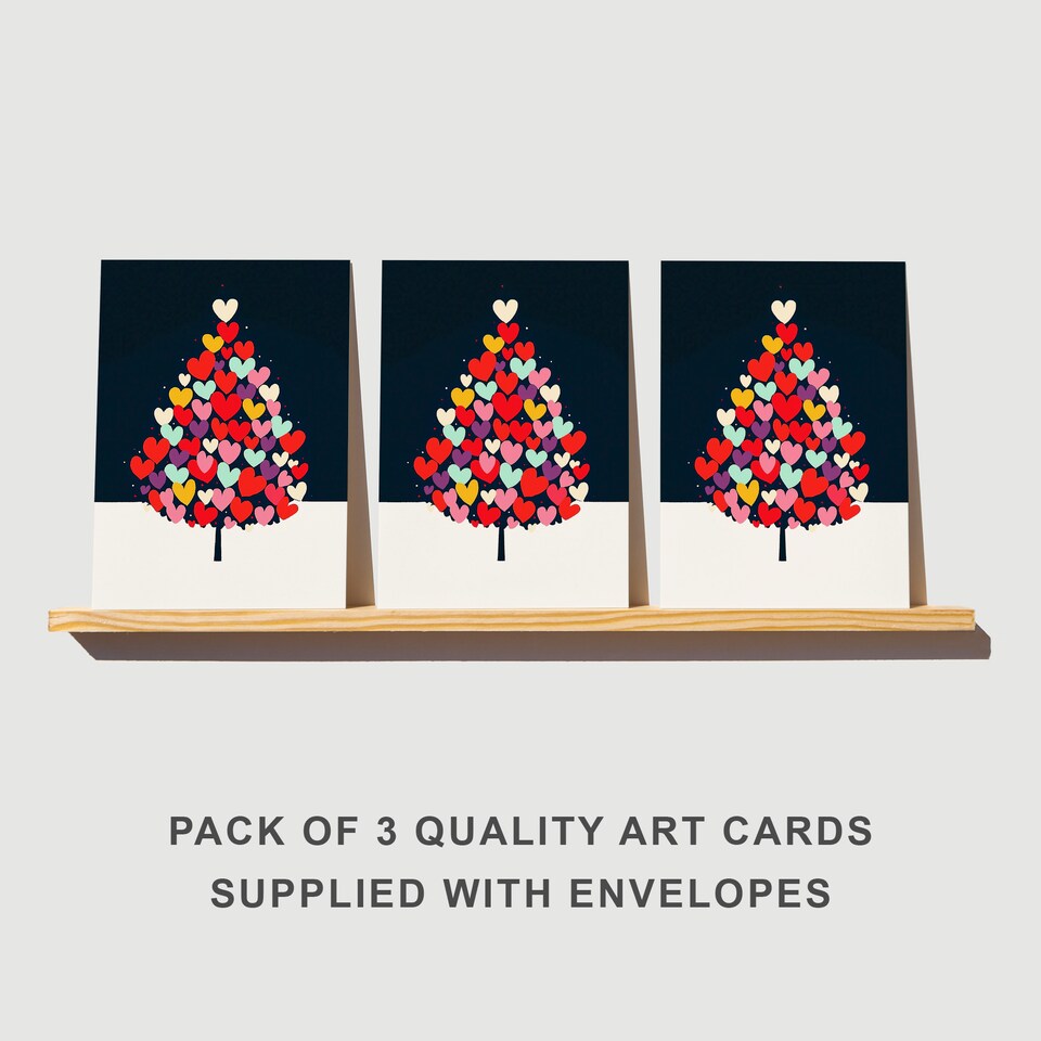 image 1 of Heart Decorated Tree Christmas Card Modern Festive Set of 3 Greeting Cards Blank