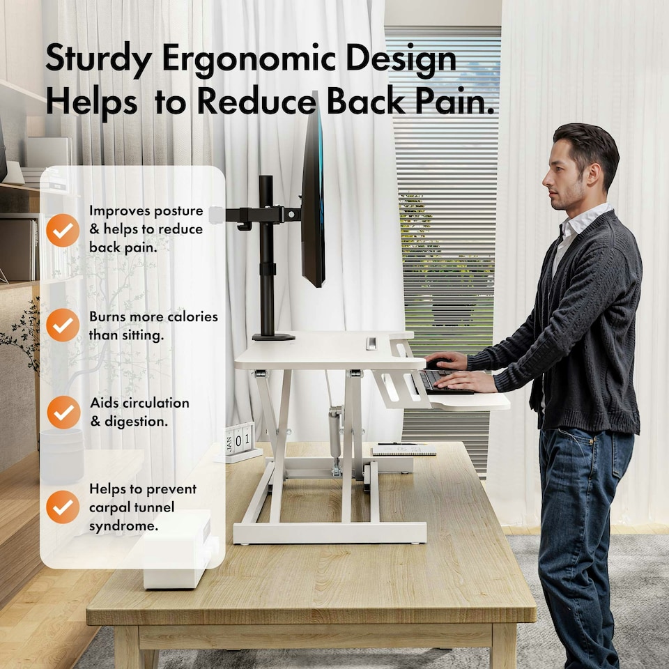 image 1 of VonHaus Height Adjustable White Standing Desk Converter, 80cm Length | White