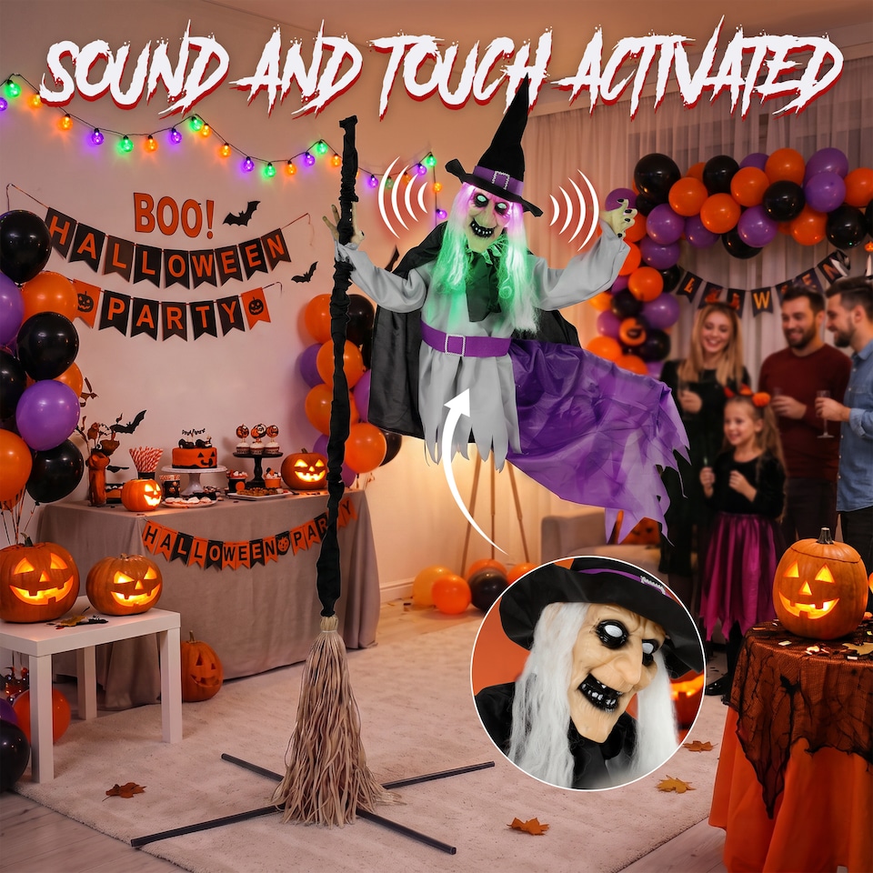 image 1 of HOMCOM 200cm Life Size Animated Witch, Scary Halloween Animatronic Decor