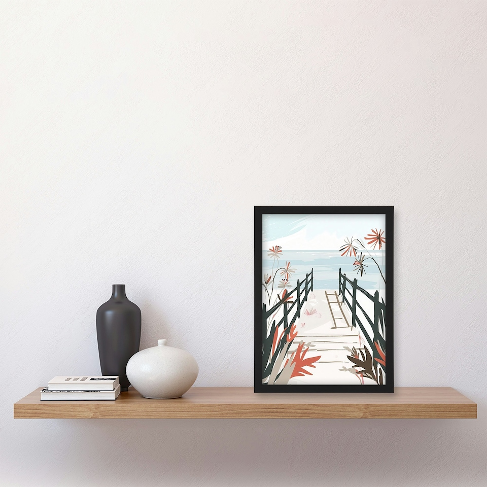 image 1 of Beach Trail Soft Pastel Red Boho Floral Black Framed Wall Art Print A4