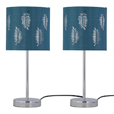 Set of 2 Chrome Stick Table Lamps with Teal Fern Cut Out Shades | Chrome | Green | Medium | 2