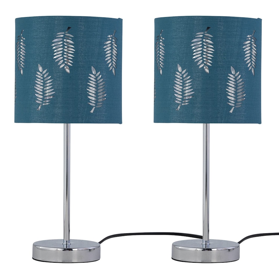 image 1 of Set of 2 Chrome Stick Table Lamps with Teal Fern Cut Out Shades | Chrome | Green | Medium | 2