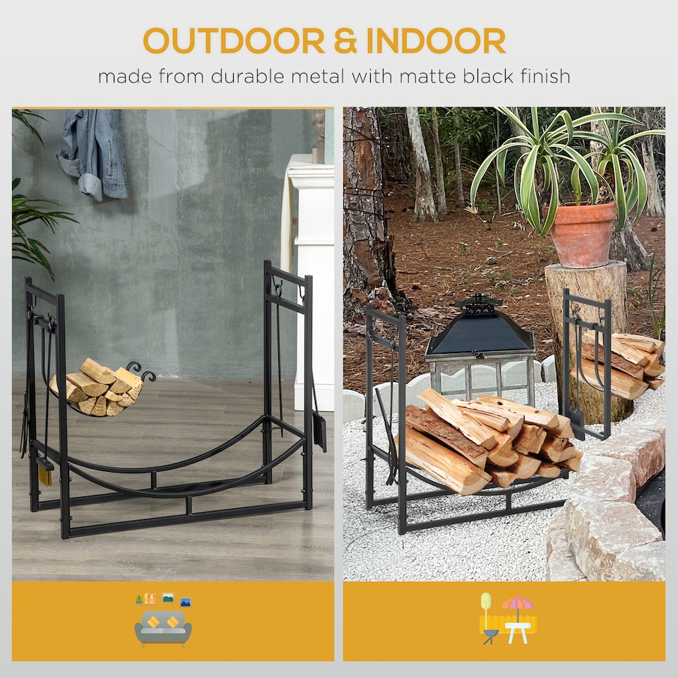 image 1 of Outsunny Metal Firewood Log Holder Indoor Outdoor Firewood Rack Fireplace 2 Tier Wood Storage Shelf with 4 Tools, Hooks, Scrolls, Black, 84W x 33D x 76H cm