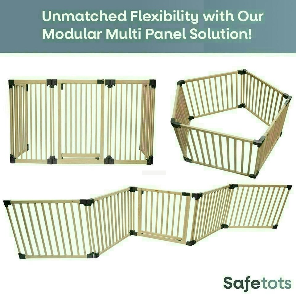 image 1 of Safetots Wooden Multi Panel Fire Surround, 88cm Deep x 200cm Wide, Natural Wood, 76cm Tall, Baby and Toddler Fire Guard, Safety Barrier for Fireplaces
