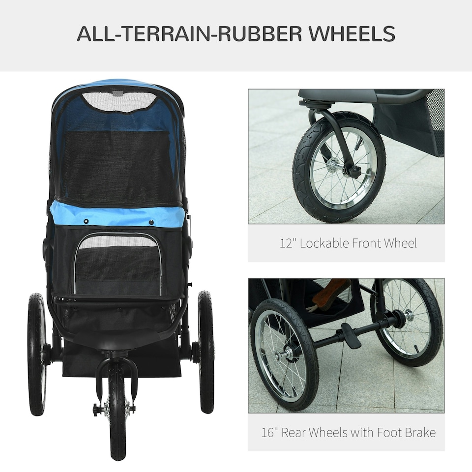 image 1 of PawHut 3 Wheel Pet Stroller, for Medium Small Dogs, Foldable Cat Pram - Blue