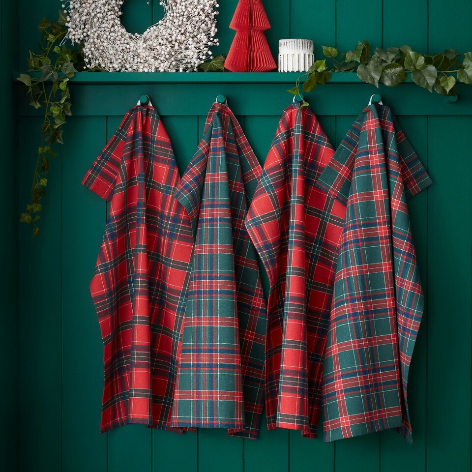 image 1 of Catherine Lansfield Christmas Tartan Check Kitchen Tea Towel Pack of 4