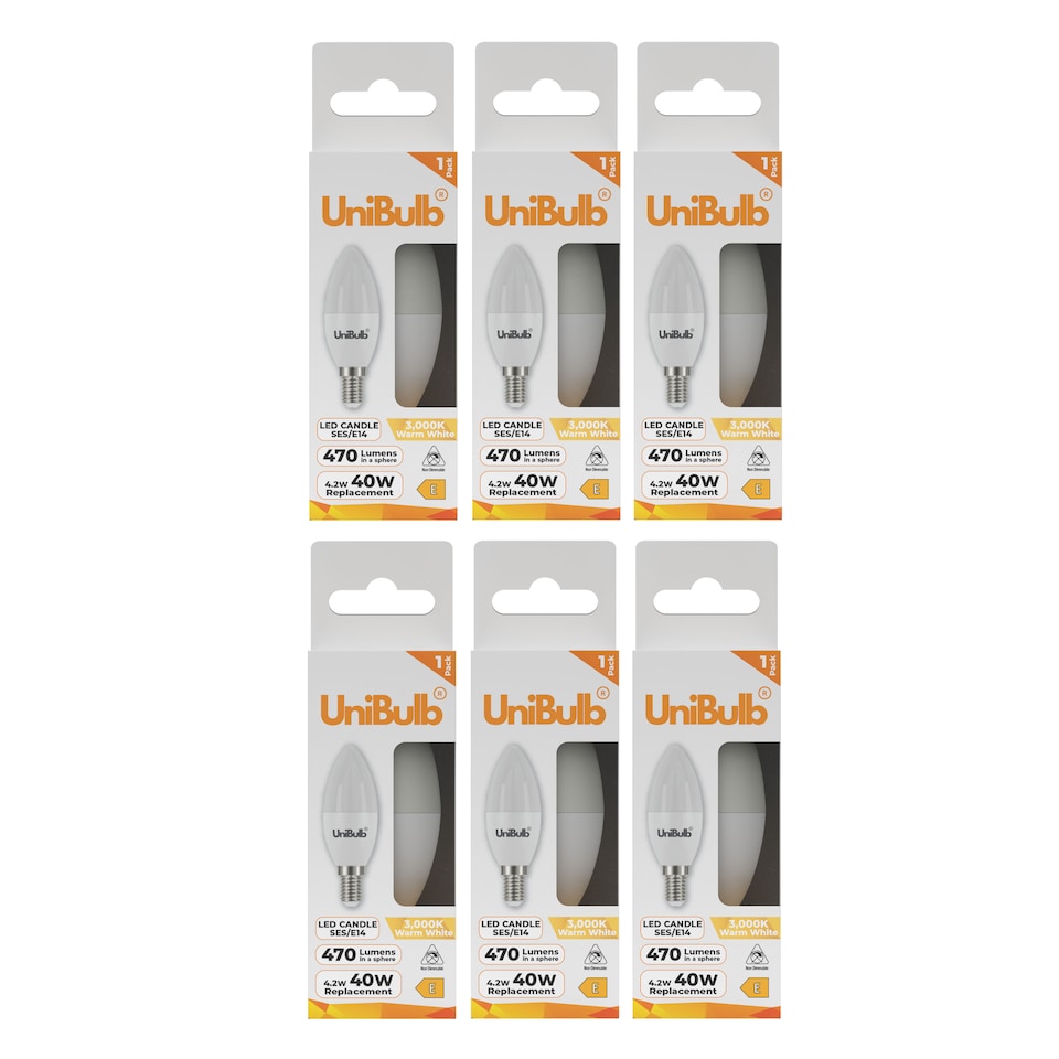 image 1 of UniBulb LED Candle E14 Small Edison Screw (SES) 470lm 4.2W (Replaces 40W) 3000K (Warm White) Light Bulb - Pack of 6