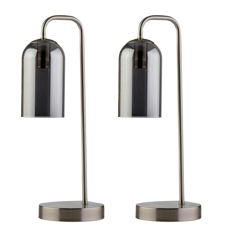 image 1 of Set of 2 Victoria - Satin Nickel Touch Lamps with Smoke Glass Shades Silver | Grey