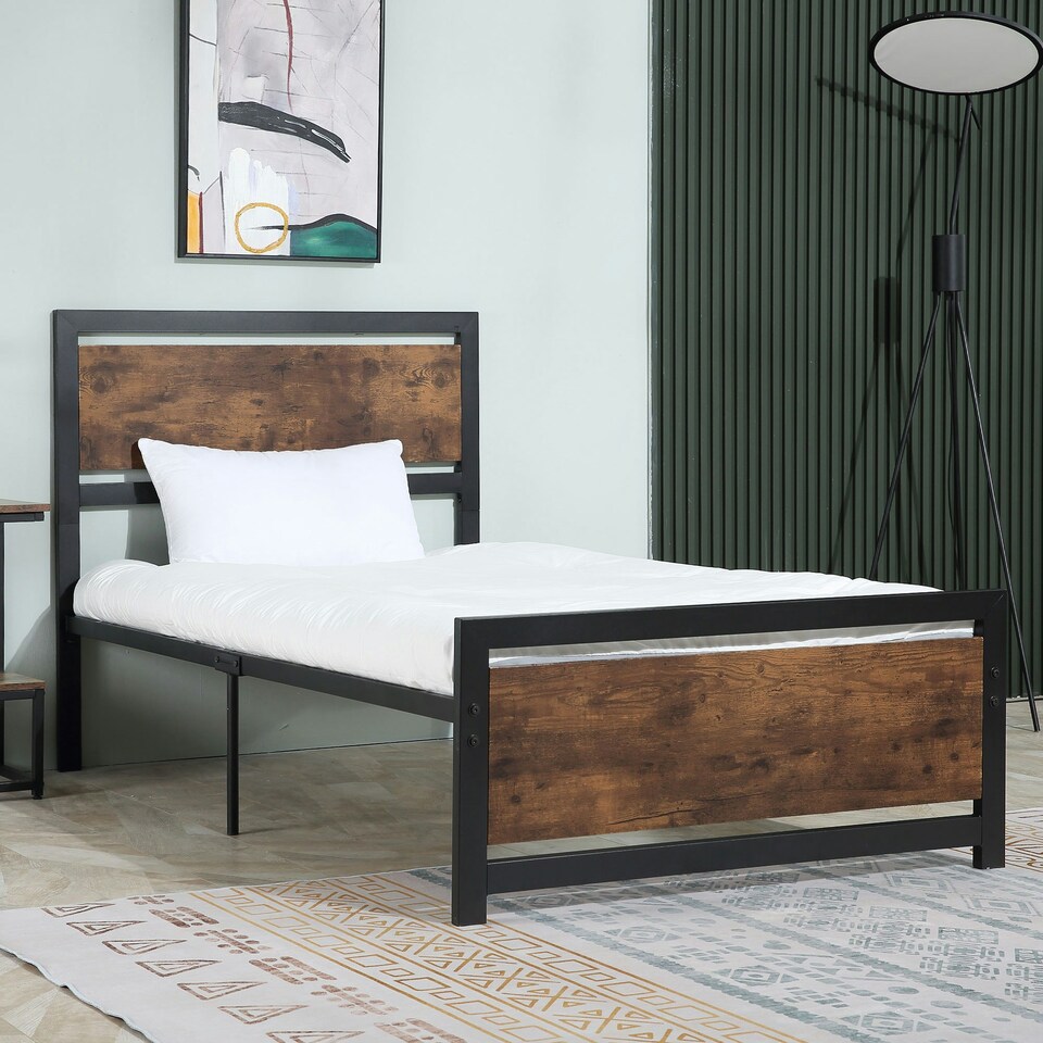 image 1 of HOMCOM Single Size Metal Bed Frame w/ Headboard & Footboard, 97x195x103cm