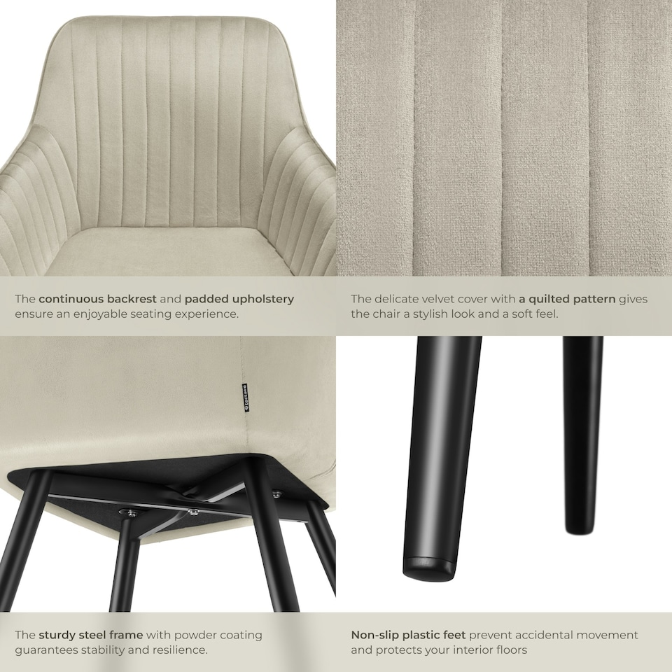 image 1 of Chair Marilyn - velvet look, quilted, continuous backrest, slim steel legs - Set of 2 Cream | Cream/Black