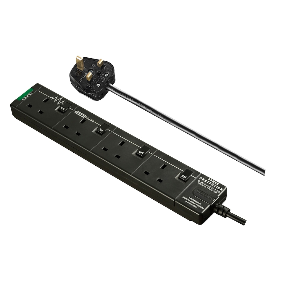image 1 of Masterplug 4 Socket 2m Extension Lead Surge Switched & LED Black