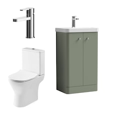 Floor 2 Door Bathroom Vanity Unit, Tap & Toilet Pack, Green, 479mm | Green | Satin Green