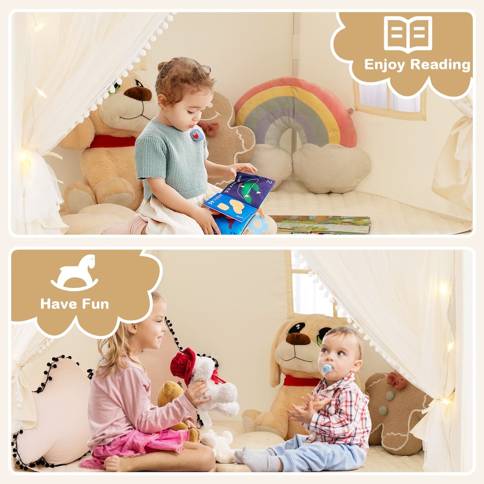 image 1 of COSTWAY Kids Play Tent 3-4 Kids Large Play Tent House w/Screen Curtains-Beige