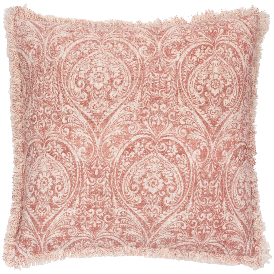 image 1 of Paoletti Durelle Damask Fringed Cushion, Coral, 50 x 50cm