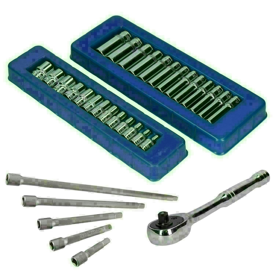 image 1 of 1/4" Drive Metric 6 Sided Sockets Shallow + Deep Extensions + Ratchet 32pc