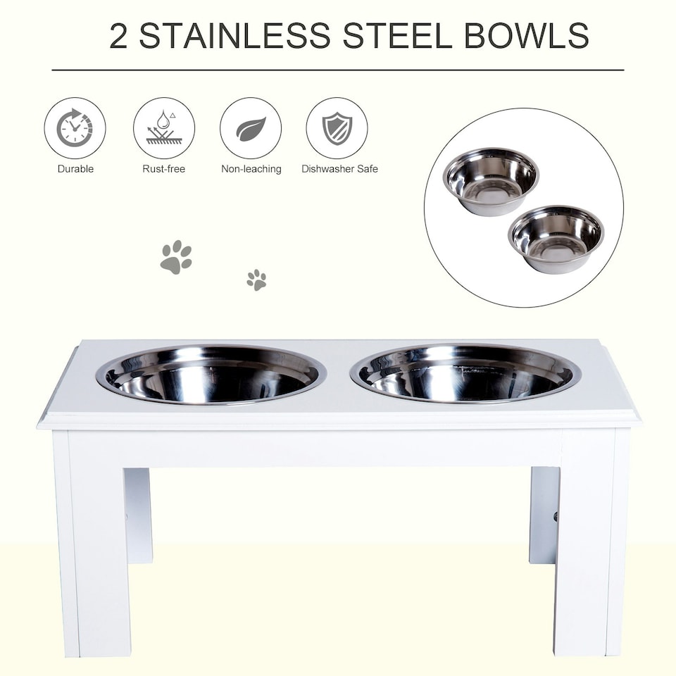 image 1 of PawHut Raised Dog Bowls Pet Feeder Raised Elevated Stainless Steel Food White