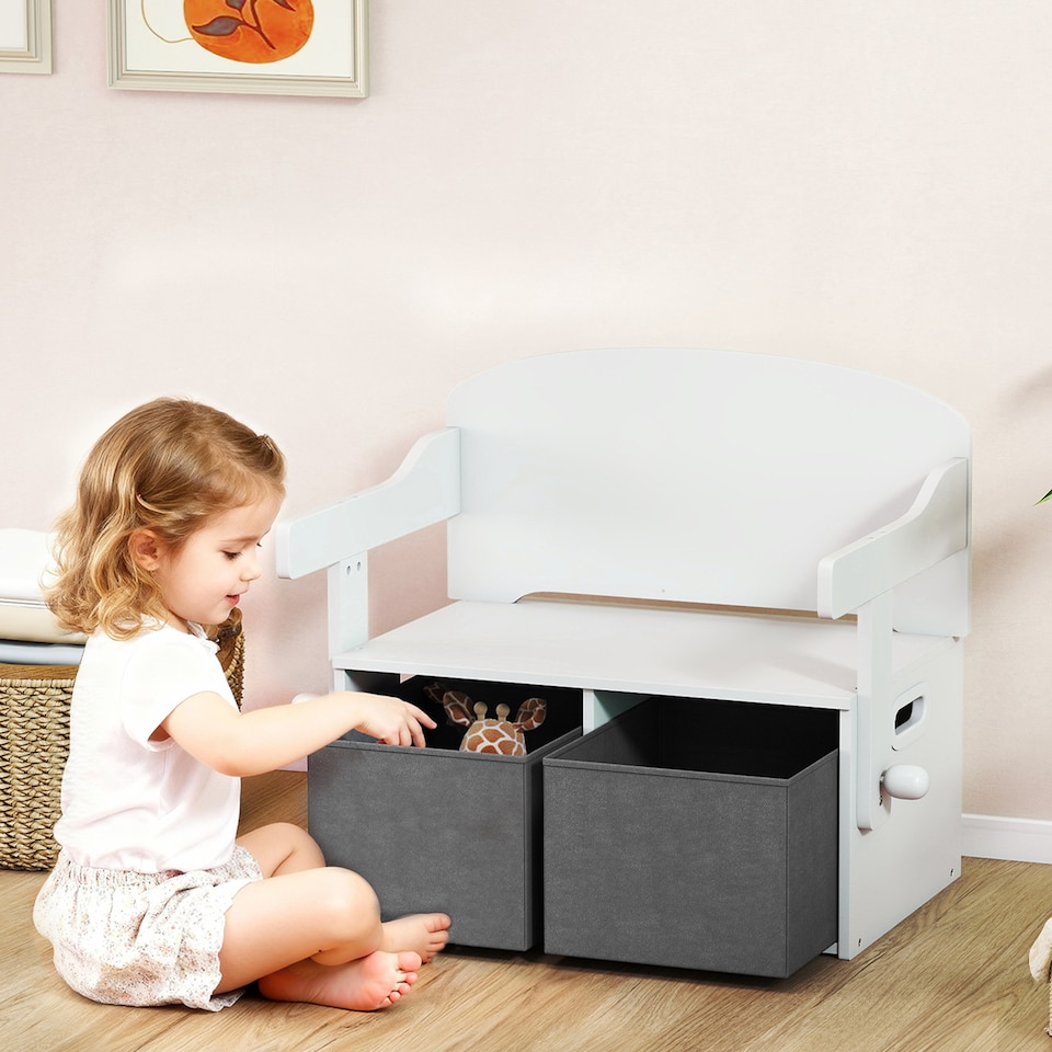 image 1 of AIYAPLAY 3 in 1 Kids Storage Bench, Toddler Table and Chair Set, White