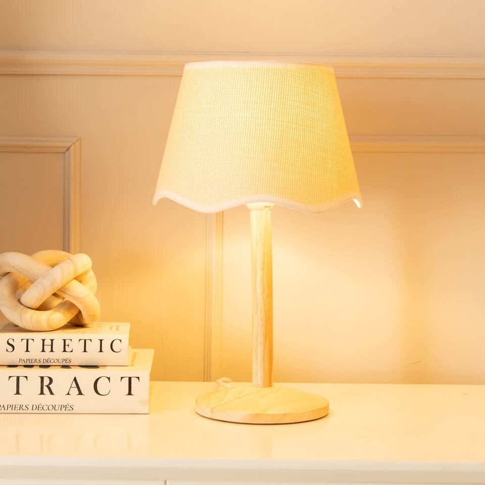 image 1 of ValueLights Triston Light Wood Table Lamp Scallop White Trim Shade and Bulb