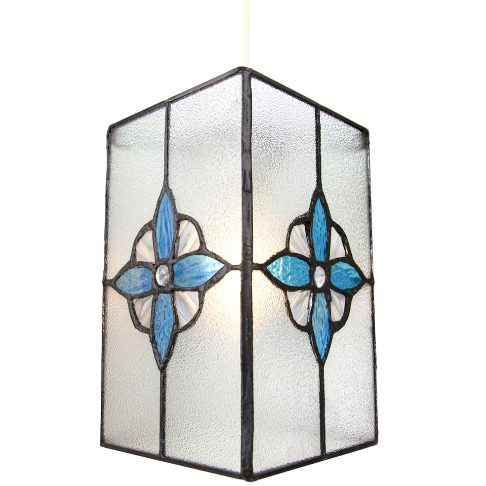 image 1 of Traditional Clear Glass Tiffany Style Pendant Light Shade with Teal Panels | Blue | Teal | 1
