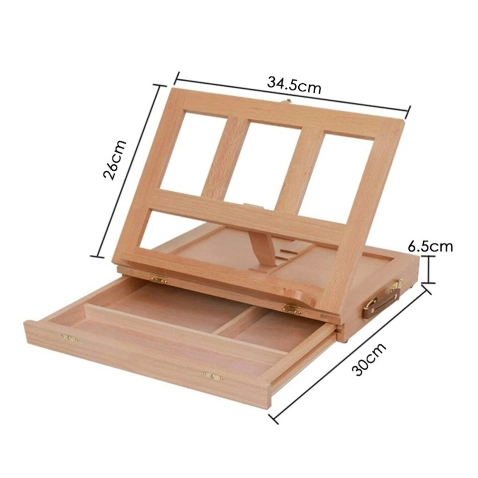 image 1 of Desktop Art Beech Wood Painting Stand Display Easel with Storage 34.5 x 26 x 6.5cm